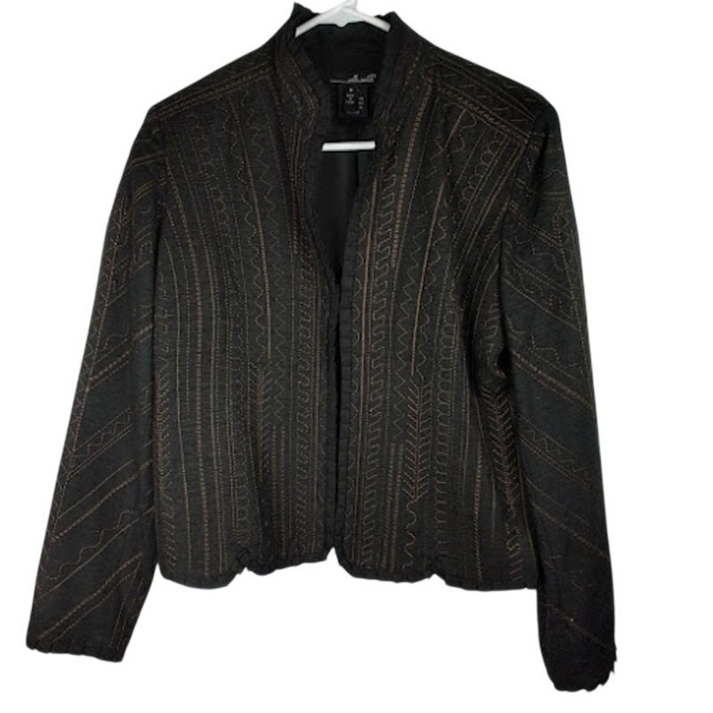 Willi Smith Womens Black Silk Embroidered Open Front Jacket Size M